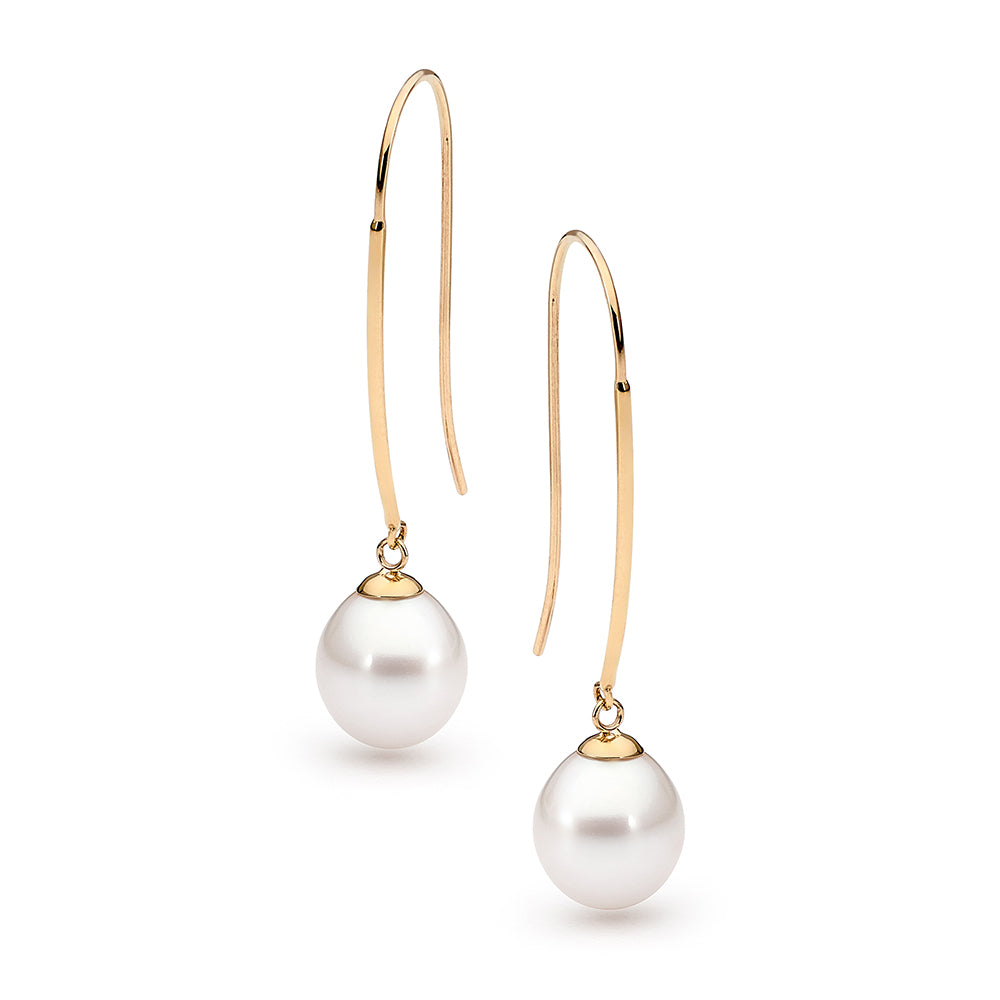 9k Yellow Gold Freshwater Pearl Long Hook Earrings