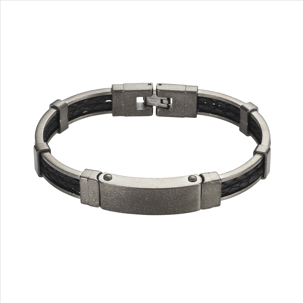 IP Antique Gun Metal Stainless Steel/Black Leather Bracelet