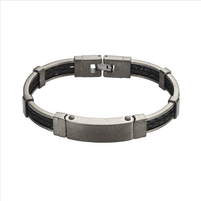 IP Antique Gun Metal Stainless Steel/Black Leather Bracelet