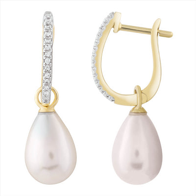 9k Yellow Gold Diamond and Pearl Drop Earrings