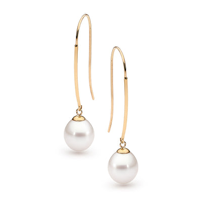 9k Yellow Gold Freshwater Pearl Long Hook Earrings